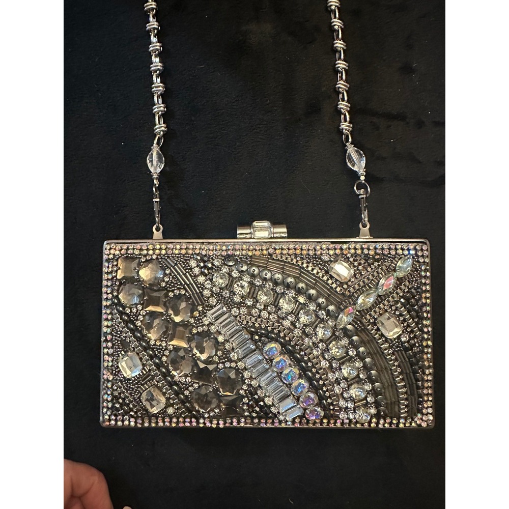 Mary Frances Beaded Crystal Box Clutch Silver Snakeskin Evening Bag Shoulder Bag